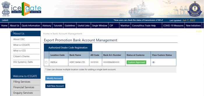 AD Code Registration on Mormugao Port Sample