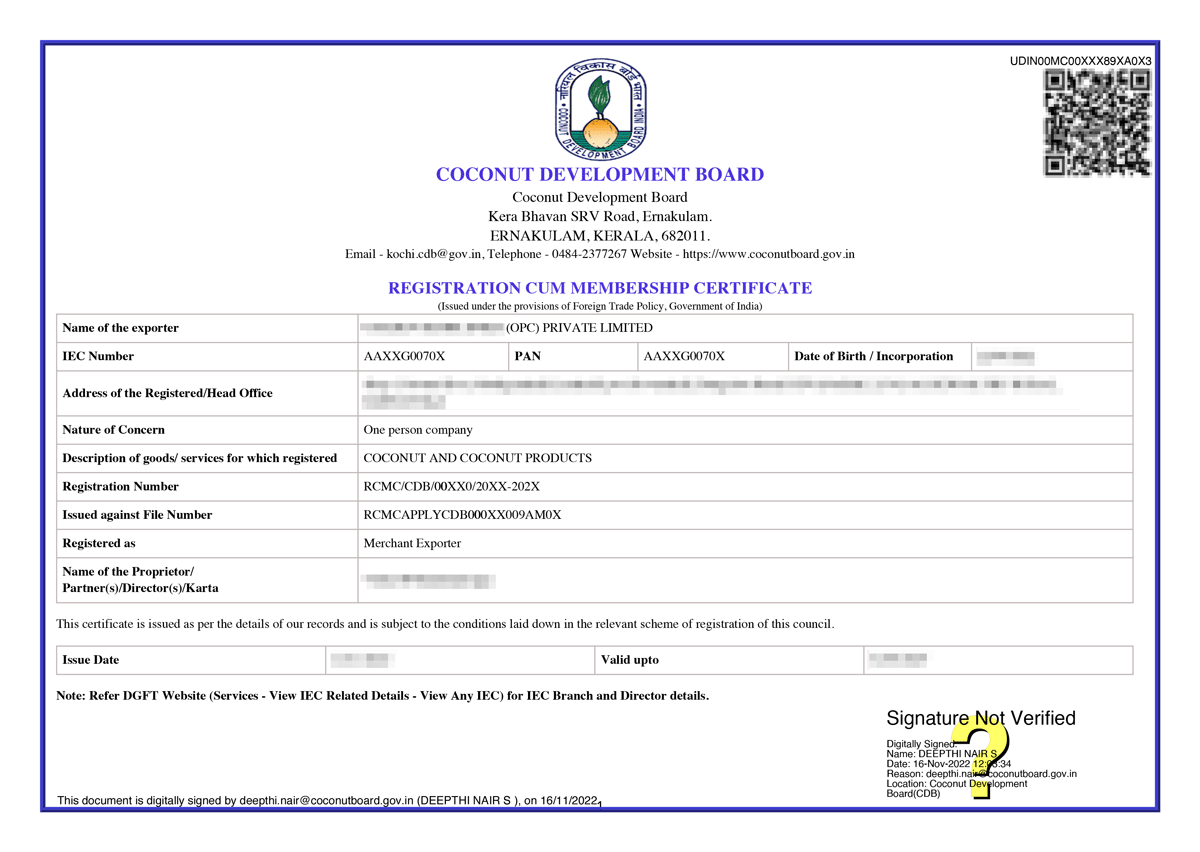 Coconut board certificate Sample