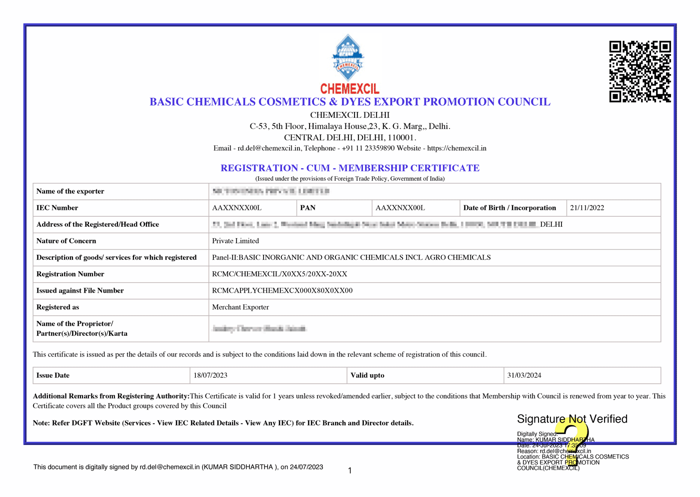 Chemexcil Sample Certificate